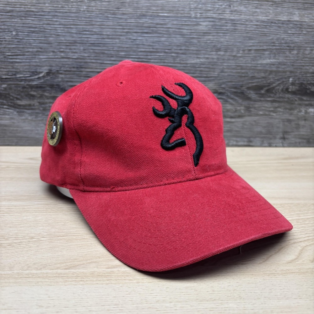 Browning Hat Cap Strap Back One Size Red Buck Logo Smokey Bear Pin Mens